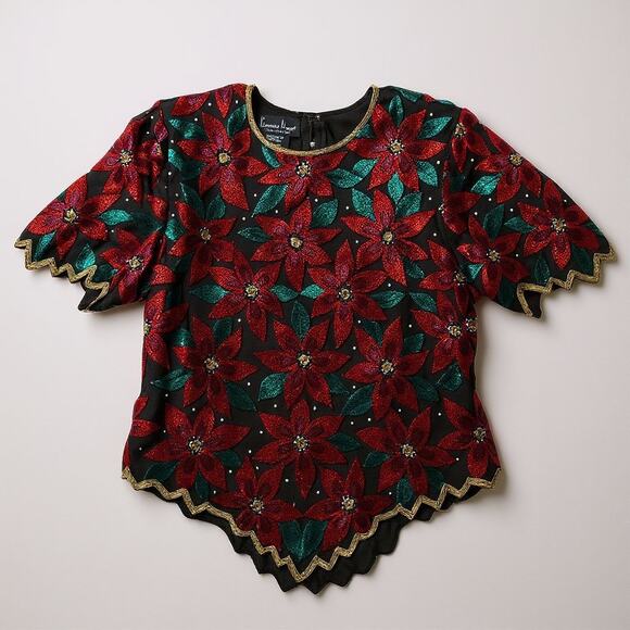 Laurence Kazar Silk Beaded Sequin‎ Poinsettia Christmas Blouse Ladies Silk XL